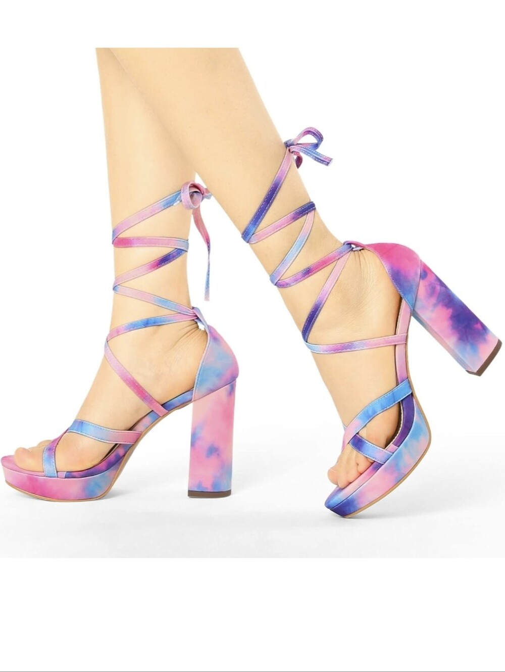 Liliana Women's Tie Dye Platform Chunky Heel Wraparound Lace Up Sandals 8.5